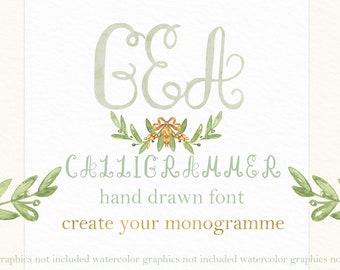 Calligrammer. Monogram Vintage hand lettered script font. Hand drawn with watercolors. Monogram for wedding crest, chic, vintage.