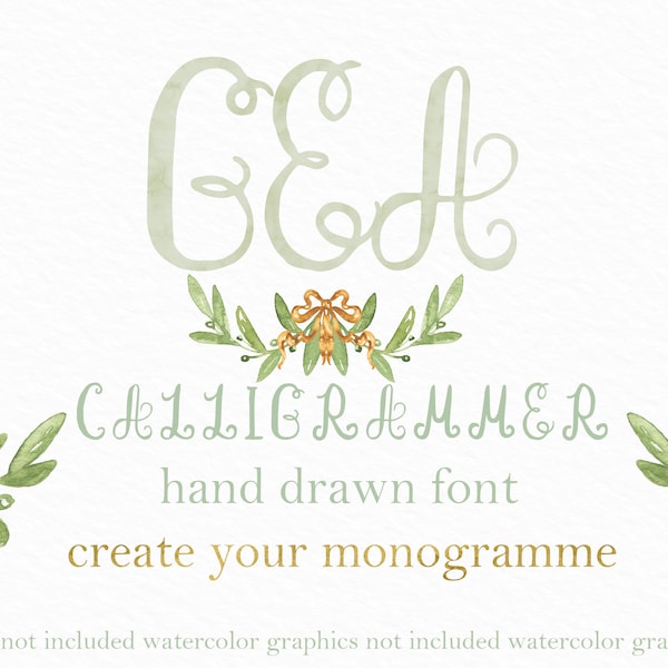 Calligrammer. Monogram Calligraphy Vintage hand lettered script font. Hand drawn with watercolors. Monogram for wedding crest, chic.