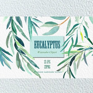 Rami di eucalipto clipart acquerellati dipinti a mano. Colori romantici, verde, blu, loghi.