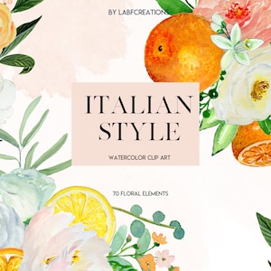 Italian Style. Floral Elements. Peach,yellow and white roses clip art, hand drawn. Lemons, oranges, citrus. Watercolor clip art . image 2