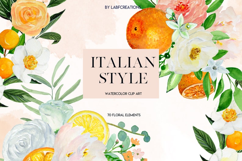 Italian Style. Floral Elements. Peach,yellow and white roses clip art, hand drawn. Lemons, oranges, citrus. Watercolor clip art . image 2