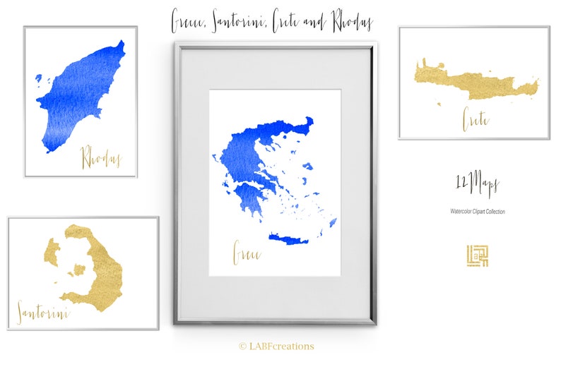 May include: A set of four watercolor maps of Greece, Santorini, Crete, and Rhodes. The maps are in a blue and gold color scheme. The text "12 Maps" and "Watercolor Clipart Collection" is visible in the bottom right corner of the image.