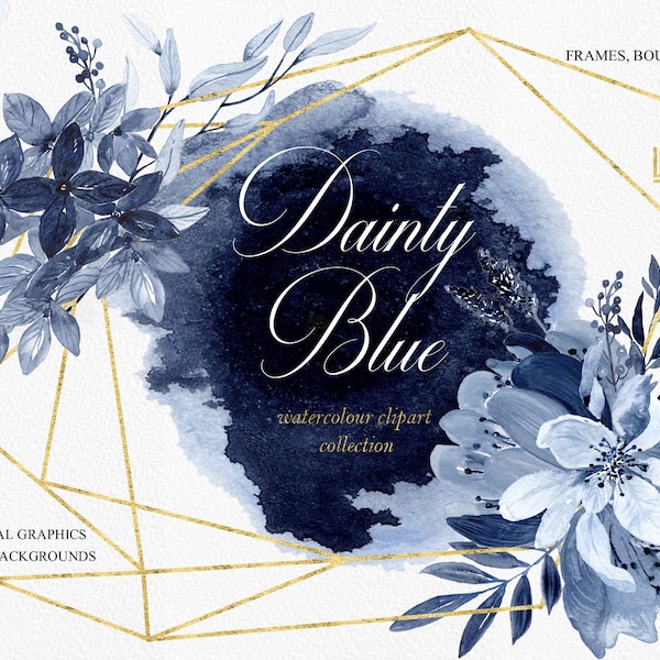 Dainty blue. Navy blue watercolor flowers and branches. Frames, arrangements, header. Hand drawn clipart. Wedding blue and deep blue.