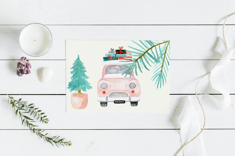 Pastel Christmas Christmas Clipart Watercolor Holiday Clip Art Winter clipart New Year clipart Mistletoe Vintage car image 7