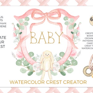 Criador de cristas de bebê em aquarela. Clipart de crista de bebê Brasão em aquarela personalizado | Presente Crest Kids | Brasão da família | Cegonha com bebê de aniversário