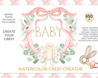 Watercolor Baby  Crest Creator. Baby Crest clipart Bespoke watercolor crest | Crest Kids Gift | Family crest | Stork with Baby Birthday