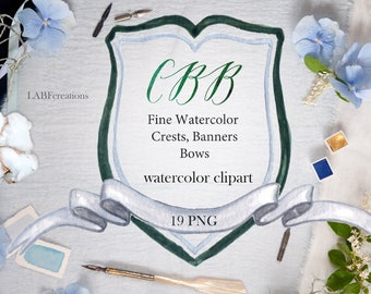 Watercolor Crest, Banner & bow. Watercolor clip art. Wedding crest elements. Modern classic illustrations.  Logo, watercolor lablels