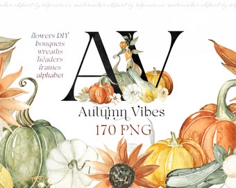 Autumn Vibes.  Pumpkins and  Rust Beige fall FLOWERS. Watercolor clipart.