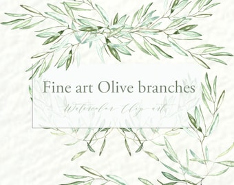 Olives branches watercolor clipart hand drawn. Romantic wedding, sage green, tender green branches, wedding invitation, arrangements.