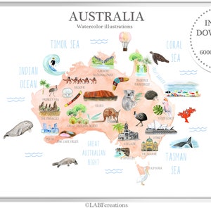 Karte von Australien. Fernweh-Clipart. Auch.  Aquarellkarte, Aquarellillustration. Australisches Poster. Druckbar.