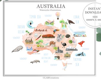 Australia Map. Wanderlust  Clipart. Aussi.  Watercolor map, Watercolor illustration. Australian Poster. Printable.