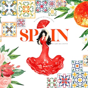 Aquarell-Clipart aus Spanien.  Mediterrane Fliesen.  Spanisches Essen, Aquarellblumen. Aquarellillustrationen einer Karte von Spanien. Blutige Orangen