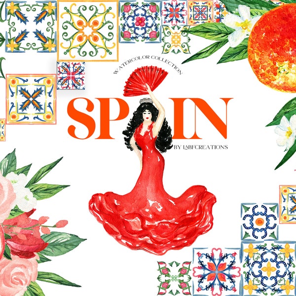 Spain Watercolor clipart.  Mediterranean Tiles.  Spanish Food, Watercolor Flowers. Watercolor  Spain map illustrations. Bloody Oranges