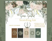 Green Ground and Sage Green Colors Branding kit. Watercolor Clipart. Boho Flowers, Soft ivory, brown flowers, bouquets, headers, wreaths.