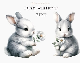 Bunny with Flower clipart, watercolor baby bunny, Easter spring png graphics, nursery clipart, spring flowers, daisies, download