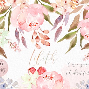Clipart mit Aquarellblumen von Lilith. Digitale Cliparts in sanfter Rosa-Palette. Zartrosa Kranz, Kopfschmuck, Blumen. Hochzeitseinladungen. Pfingstrosen.