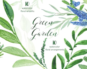 Green garden Wreaths and arrangements. Watercolor clipart  collection. Light green branches, wedding invitation, olives, rosemary