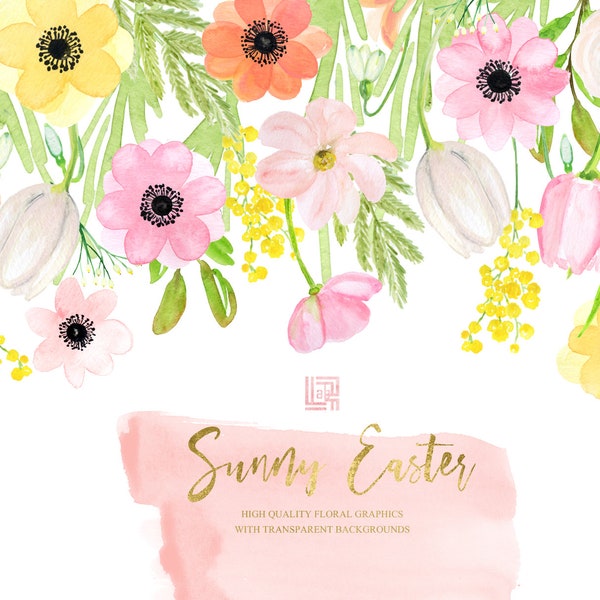 BACKDROPS / Sunny Easter.    Blog headers. Blush pink and Yellow spring FLOWERS. Watercolor clipart.
