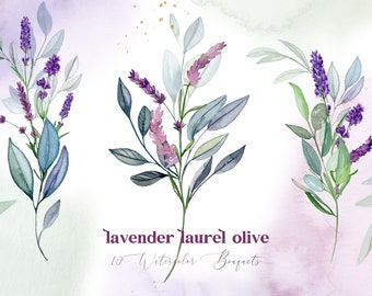 Lavender Laurel Olive / Watercolor Bouquets. Watercolor Clipart. Provence flowers. Mediterranean. Purple Flowers.