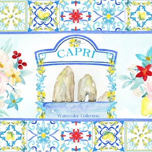 Capri Italy Wedding Watercolor clipart. Lemons and Blue Tiles Mediterranean image 1