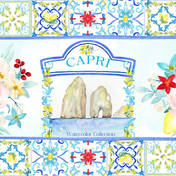 Capri Italy Wedding Watercolor clipart. Lemons and Blue Tiles Mediterranean