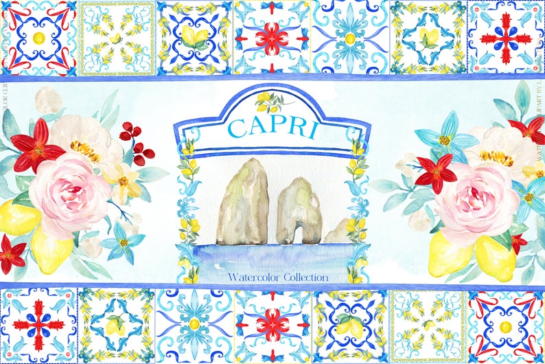 Capri Italy Wedding Watercolor clipart. Lemons and Blue Tiles Mediterranean image 1