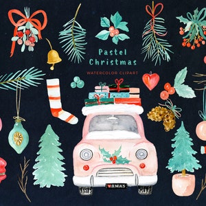 Pastel Christmas Christmas Clipart Watercolor Holiday Clip Art Winter clipart New Year clipart Mistletoe Vintage car image 3