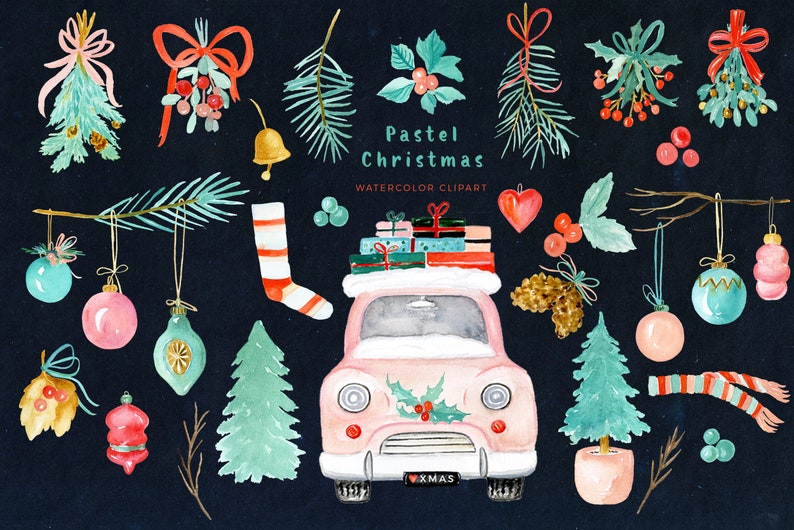 Pastel Christmas Christmas Clipart Watercolor Holiday Clip Art Winter clipart New Year clipart Mistletoe Vintage car image 3