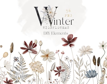 May include: Watercolor clipart featuring winter wildflowers and DIY elements. The image includes a variety of flowers in shades of white, brown, and burgundy, with the word "Winter" in large letters. The image also includes the text "56 PNG".