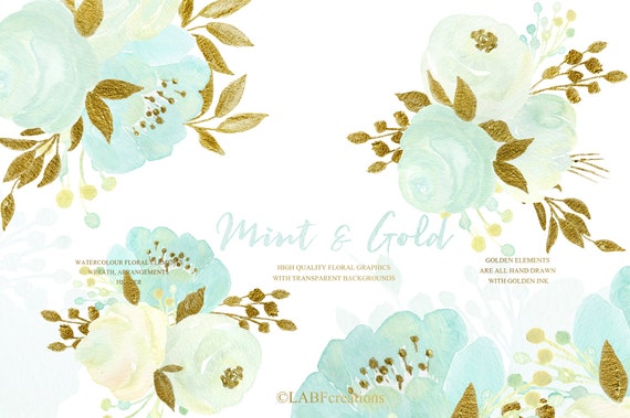 Download Mint Gold Flowers Watercolor Mint Flower Clipart Mint Etsy