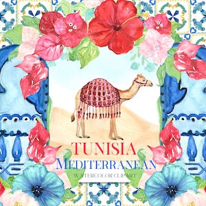 Tunesië mediterrane tegels bruiloft aquarel clipart. Zuid-Afrika Blauwe Tegels Mediterraan