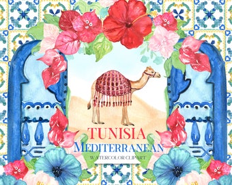Tunisia Mediterranean Tiles Wedding Watercolor clipart. South Africa Blue Tiles Mediterranean