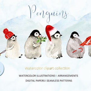 Clip Art de inverno/Aquarela de pinguins/Clip Art de aquarela de animais de inverno/Convites de aniversário, adesivos para planejador de Natal | Cliparts Digitais