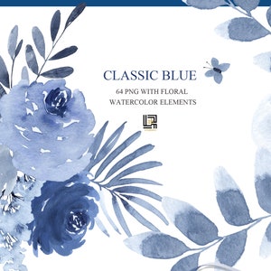 Classic blue. ELEMENTS Navy blue watercolor flowers and branches. Hand drawn watercolor clipart. Wedding blue and deep blue.