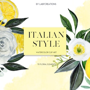 Italian Style. Floral Elements. Peach,yellow and white roses clip art, hand drawn. Lemons, oranges, citrus. Watercolor clip art . image 3