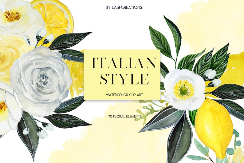 Italian Style. Floral Elements. Peach,yellow and white roses clip art, hand drawn. Lemons, oranges, citrus. Watercolor clip art . image 3