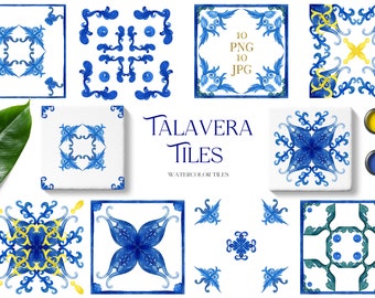 Watercolor Tiles -Talavera - Watercolor Mediterranean, Italian,  Greek, Moroccan Tiles. Watercolor clipart. Wedding clip art.