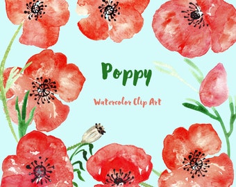 Poppy watercolor clipart, Watercolour clipart hand drawn. SET Poppy, rustic wedding, bright, red flowers invitations, poppy clip art.