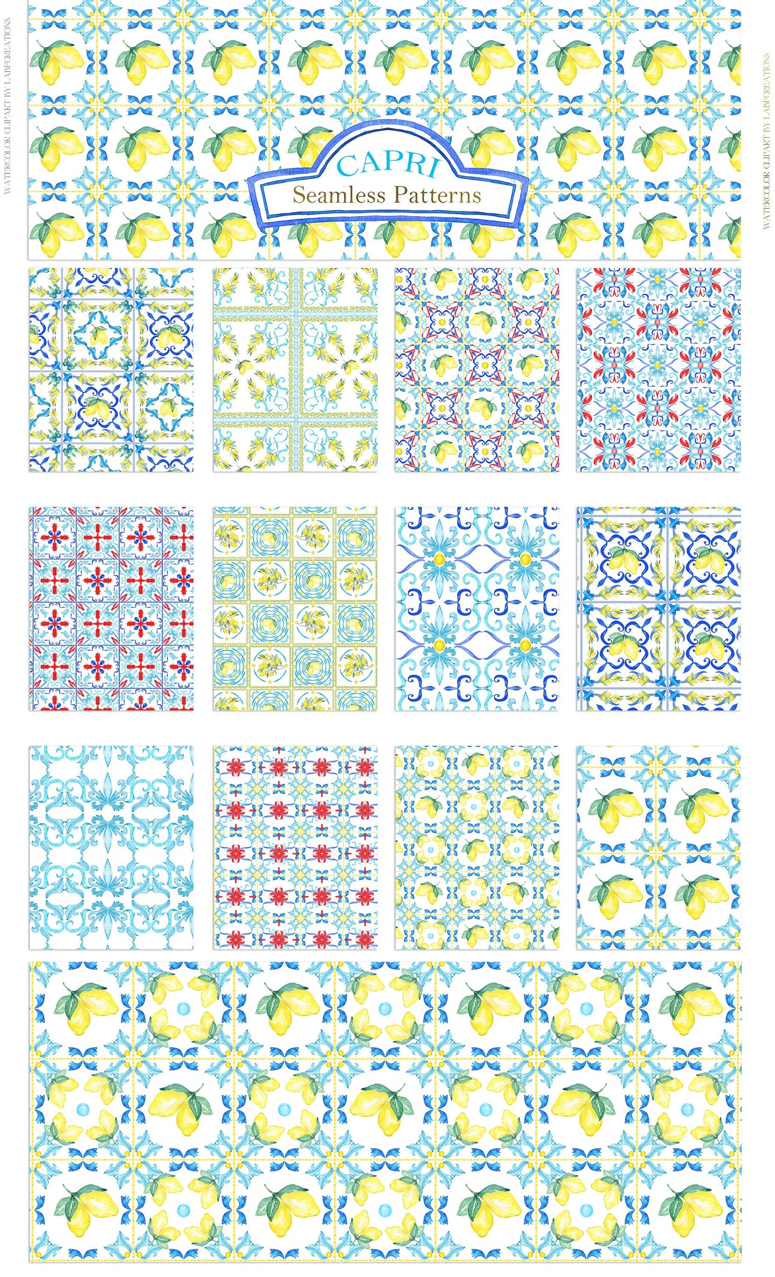 Seamless Patterns Capri Italy Wedding Watercolor Clipart. Lemons and ...