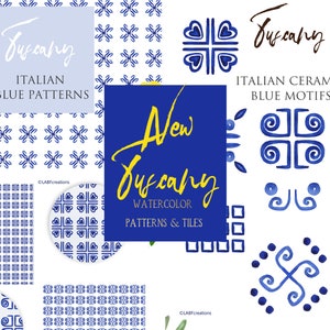 May include: A collection of blue and white watercolour patterns and tiles inspired by Italian ceramics. The patterns feature geometric shapes, swirls, and floral motifs. The text "New Suscany Watercolor Patterns & Tiles" is written in yellow on a blue background.