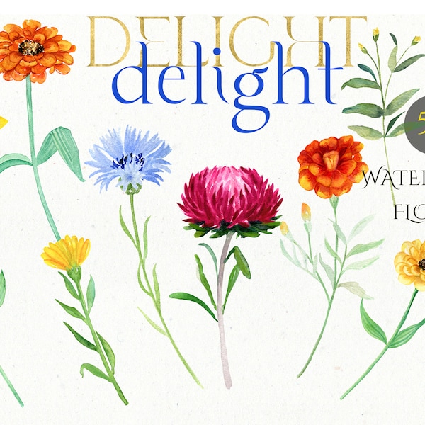 Watercolor Bright Flowers and Greenery | Delight | Summer Flowers | Marigold | Watercolor Clipart | Zinnia | Spring Wedding | Hot Pink