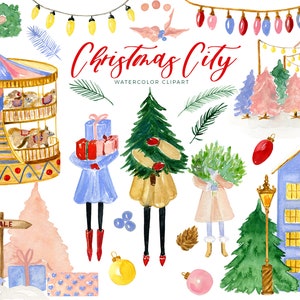 Christmas City | Christmas Clipart | Watercolor Holiday Clip Art | Carousel | Christmas Girl | Winter clipart | New Year clipart | Poste Box
