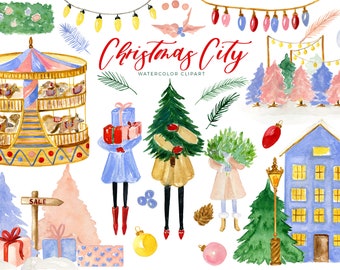 Christmas City | Christmas Clipart | Watercolor Holiday Clip Art | Carousel | Christmas Girl | Winter clipart | New Year clipart | Poste Box