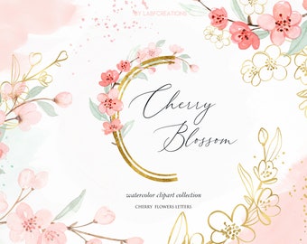 Cherry Blossom letters. Watercolor floral alphabet clipart, monogram, pink, delicate, wedding, bridal, logo, abc, cherry blossom, spring