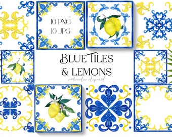 Watercolor Tiles -Blue Tiles and Lemons - Watercolor Italian,  Greek, Moroccan Tiles. Watercolor clipart. Wedding clip art.