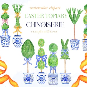 Chinoiserie Topiary Easter.  Carrot, Bunny, Jars, green topiary Blue Watercolor Clipart | Chinoiserie Print
