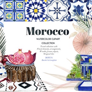 Morocco. Watercolor Clipart. Blue Tiles. Morocco landmarks. Mediterranean tiles.  dried tropical leaves Watercolor clip art  Full Collection