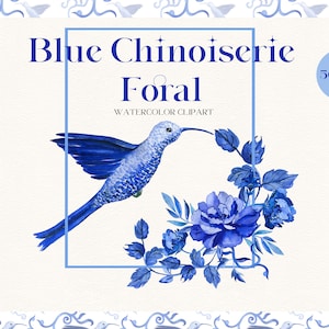 Blue Chinoiserie Flowers  Collection All in 1 | Watercolor Clipart | Chinoiserie  Print |  Blue Peony  Hummingbird