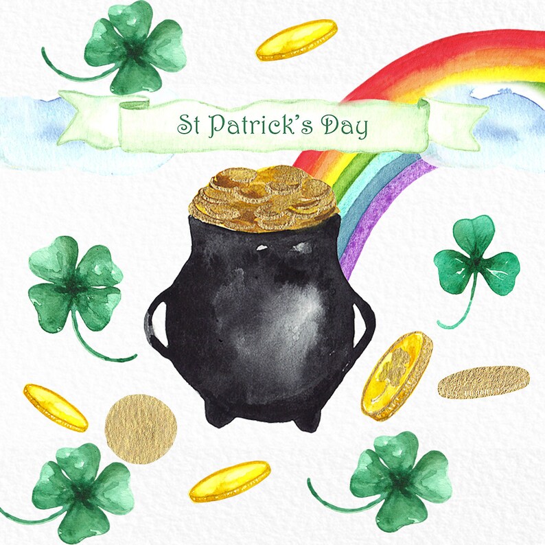 May include: A black pot filled with gold coins sits under a rainbow with the text "St. Patrick's Day" on a banner. Green shamrocks are scattered around the pot and rainbow.