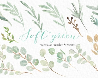 Soft green branches and wreaths watercolor  clipart hand drawn. Romantic wedding, sage green, tender green branches, wedding invitation.